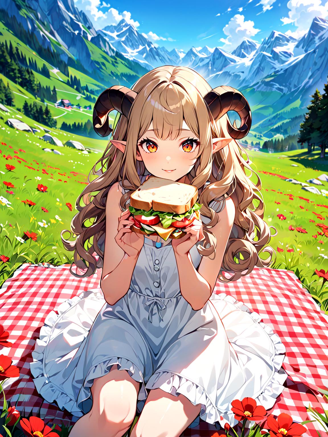 Anime girl eating a sandwich in a field of flowers - SeaArt AI