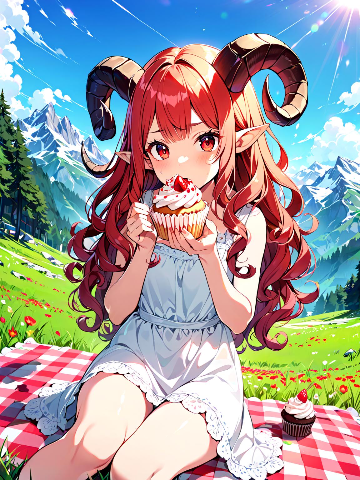 Anime girl eating a cupcake on a blanket in a field - SeaArt AI