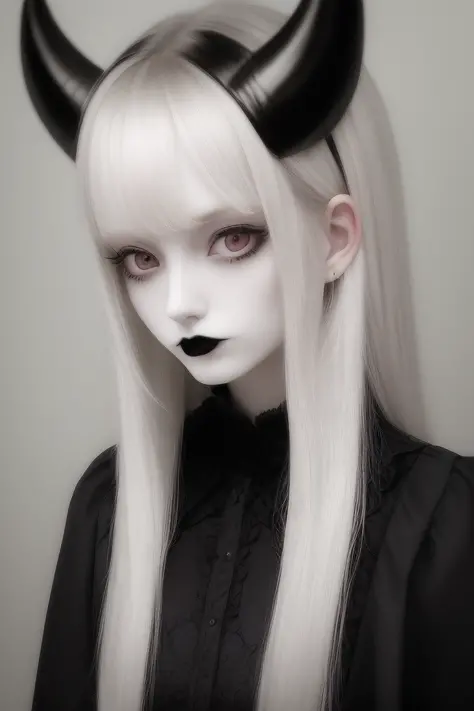 best quality, masterpiece, 1girl, upper body, pale skin, goth, long hair, small devil horns,