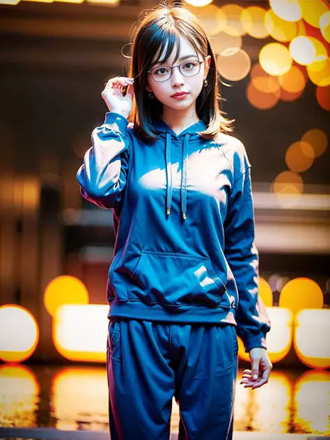 (8k, RAW photo, best quality, masterpiece:1.2), (realistic, photo-realistic:1.37), best quality, ultra high res, photon mapping, radiosity, physically-based rendering, 1girl, ((glasses)), ((hoodie)), ((sweatpants)), naughty face, cute, (laughing), (happy),...