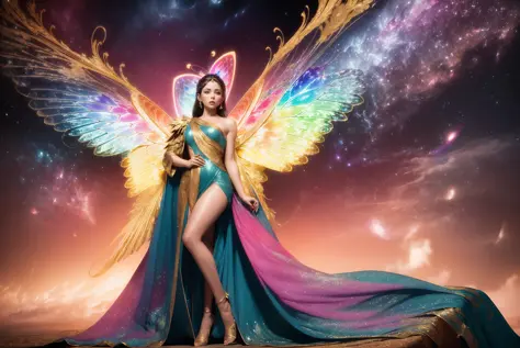 best quality, masterpiece, full shot, full body, aerial shot of (fit beautiful female winged greek wizard wearing ornate blue and gold dress) 1girl, short woman, brown hair, blue eyes, long hair, floating high above the stratosphere of the world in space, ...