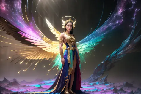 best quality, masterpiece, full shot, (full body:1.2), Hip level shot of (fit beautiful female winged greek wizard wearing ornate blue and gold dress) 1girl, brown hair, blue eyes, long hair, floating above the world in space, posing, power pose, halo, (go...