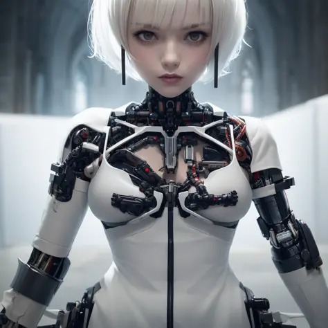 masterpiece, best quality, 8k, RAW, High Detail, a grim portrait of a girl with intricate angular cybernetic implants inside a brutalist building, gothic brutalist cathedral, cyberpunk, award winning photo, bokeh, cybernetic limb, (white short hair:1.5), D...