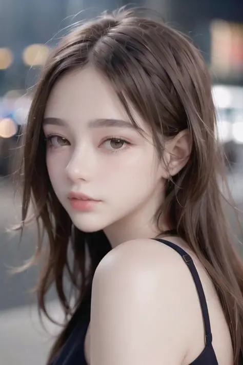 best quality, 8k,raw photo, ultra realistic, masterpiece:1.2,professional light, F1.8,(colorful),blue-orange hue,

1girl, red lips,
looking at viewer, highlight on face, upper body, close-up, mole on face,

city, night,tokyo street,

 <lora:no123Girl_no123...