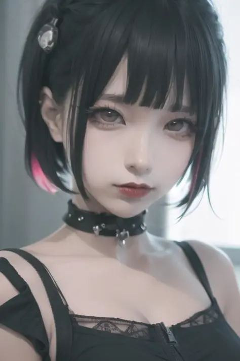 best quality, 8k,raw photo, ultra realistic, masterpiece:1.2,professional light, F1.8,(colorful),
1girl, red lips, choker,Goth_punk,
looking at viewer, highlight on face,  
 