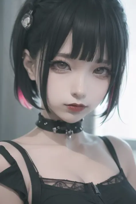 best quality, 8k,raw photo, ultra realistic, masterpiece:1.2,professional light, F1.8,(colorful),
1girl, red lips, choker,Goth_punk,
looking at viewer, highlight on face,  
 <lora:no206Girl_v10:0.8> <lora:gothicPunkGirl_v10:0.5>