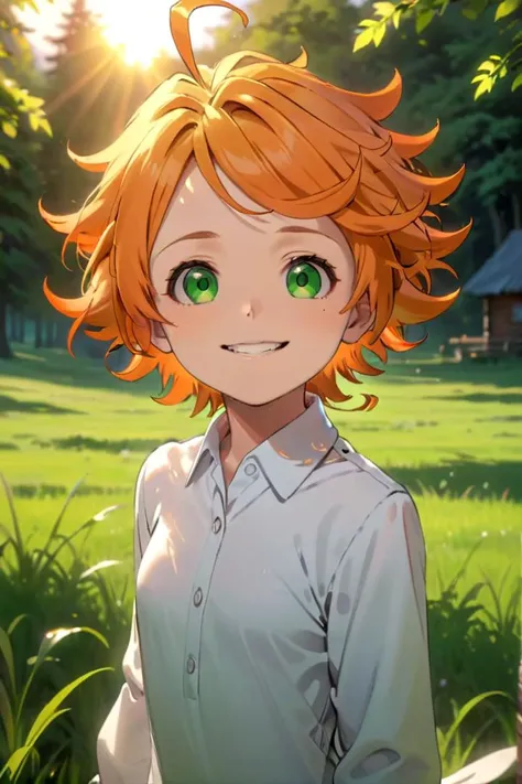 a woman with orange hair and green eyes standing in a field