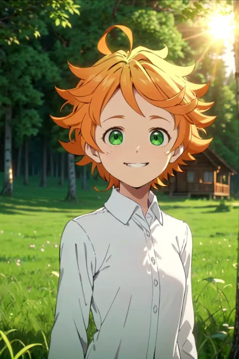 <lora:neverland-emma-000008:0.7>
a girl neverland_emma standing on a beautiful green field with trees in the background,
she has green eyes, short hair and wears a long sleeved white collared shirt, she has orange hair
she has a bright smile, a wooden cabin is in the background
the sun is setting, 
The soft lighting and detailed surroundings create an immersive environment where imagination runs wild hyper-detailed,
hyper-detailed face, high quality visuals, dim Lighting, sharply focused, octane render, 8k UHD