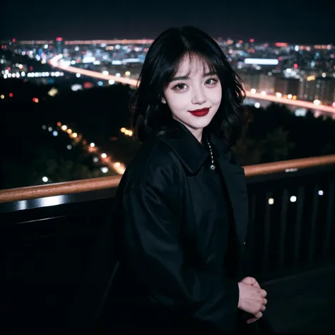 professional photography, gothgirl, solo, hill, city in background, city below, black coat, black silk skirt, eyeliner, looking ...