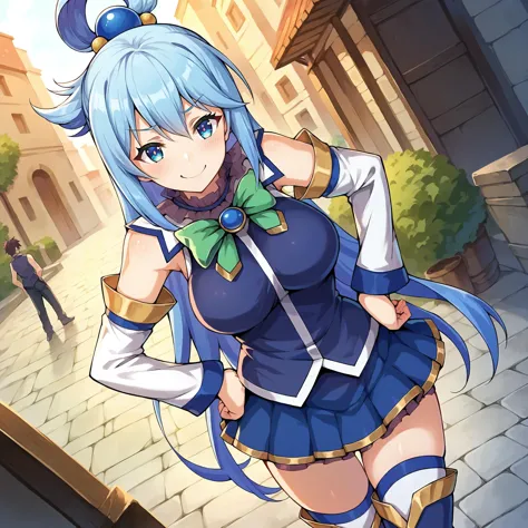 anime girl in blue dress with green bow and blue hair