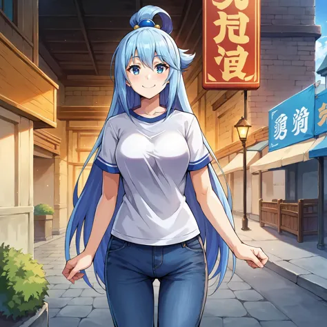 anime girl with blue hair and blue jeans walking down a street