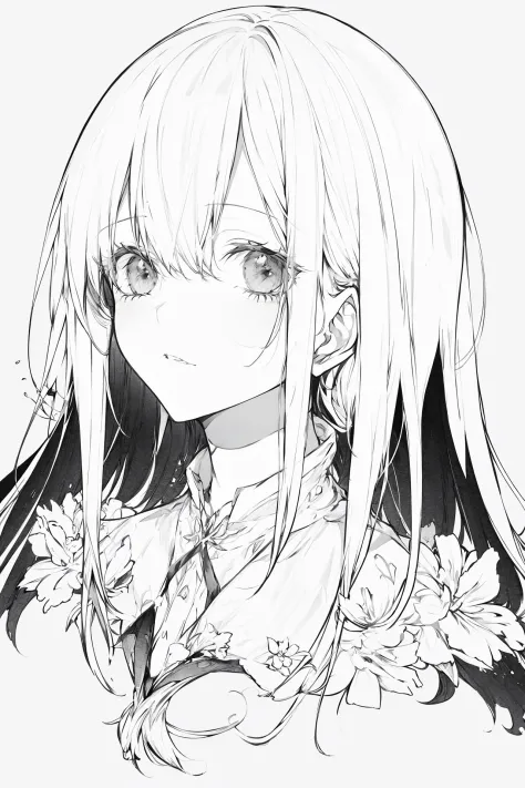 monochrome, solo, long hair, 1girl, greyscale, looking at viewer, white background, simple background, bangs ,
///////////<lora:...