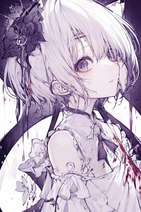 solo, monochrome, blood, looking at viewer, short hair, 1girl, purple theme, 1boy ,
///////////<lora:hitokomorustyle:2>