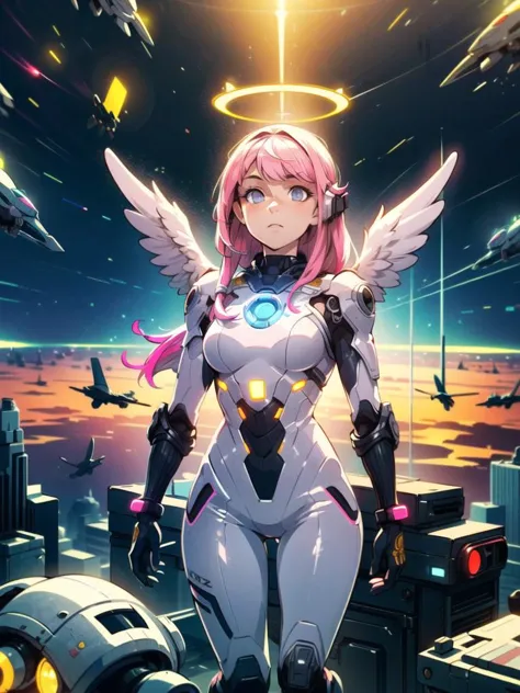 ((masterpiece, best quality, extremely detailed), volumetric lighting, ambient occlusion, colorful, glowing),
1girl, solo, young girl, (pink hair), long hair, halo, aura, sacred, godness, cyber suit, (white outfit:1.3), android, bot, angel wings,
outdoors, sunset, sky, clouds, space,
(cyberpunk theme:1.2), <lora:Add Detail:0.6>, <lora:Beautiful Detailed Eyes:0.6>,