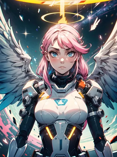 ((masterpiece, best quality, extremely detailed), volumetric lighting, ambient occlusion, colorful, glowing),
1girl, solo, young girl, (pink hair), long hair, halo, aura, sacred, godness, cyber suit, (white outfit:1.3), android, bot, angel wings,
outdoors, sunset, sky, clouds, space,
(cyberpunk theme:1.2), upper body, close up,
<lora:Add Detail:0.6>, <lora:Beautiful Detailed Eyes:0.6>,