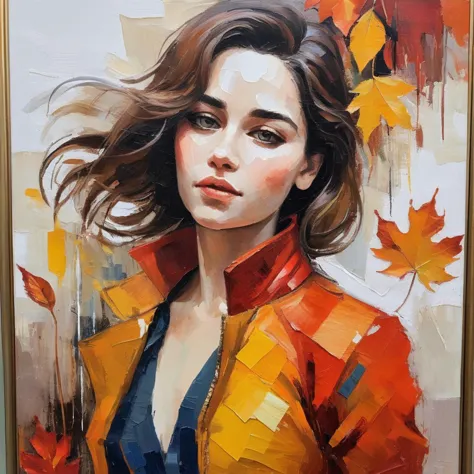 a painting of a woman with a red jacket and yellow leaves