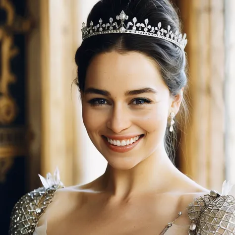 a close up of a woman wearing a tiara and smiling