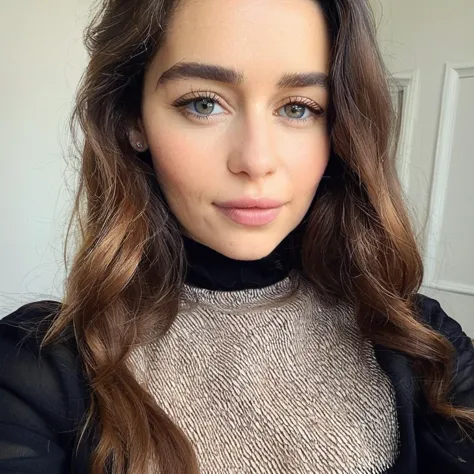 a close up of a woman with long hair wearing a turtle neck sweater