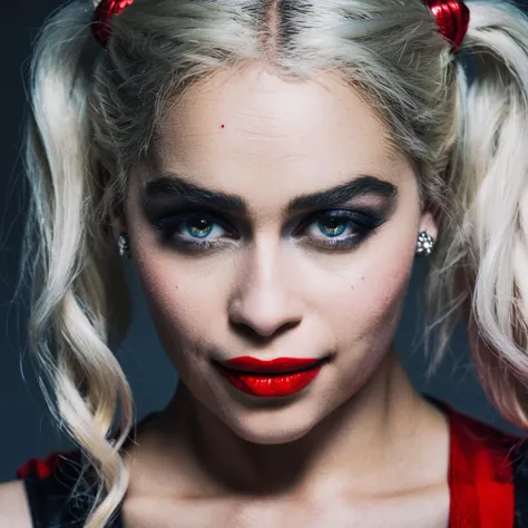 a close up of a woman with a red lipstick and a ponytail