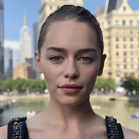 a close up of a woman with a black top and a city in the background