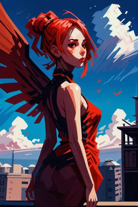 a woman with red hair and wings standing on a ledge