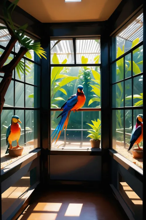 anime style, natural sunlight, interior, in a Duckcore Exotic bird aviary<lora:EnvyStarlightJourneysEnd01:1>