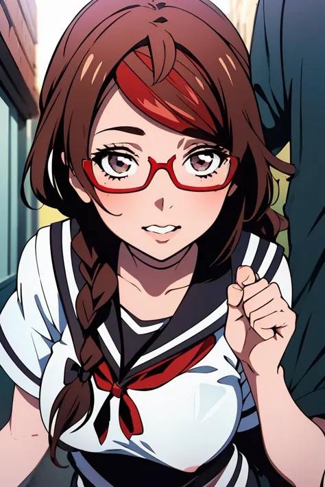 anime girl with red glasses and a white shirt and red tie