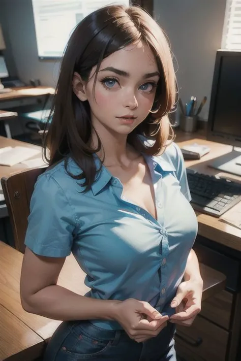 a woman in a blue shirt standing in front of a computer