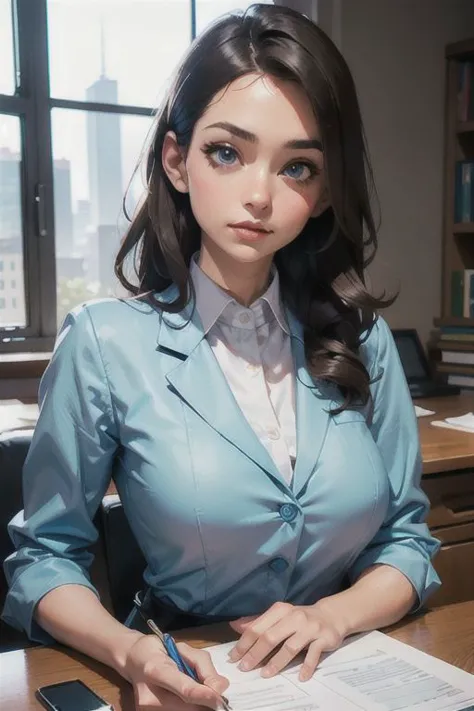 1woman ,perfect eyes, light blue , office outfit, files, table, room, ((small breast)),((beautiful face)),(((best quality, maste...