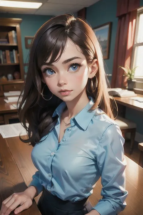 1woman ,perfect eyes, light blue , office outfit, files, table, room, ((small breast)),((beautiful face)),(((best quality, maste...