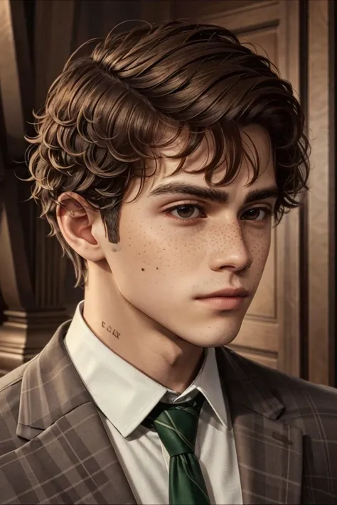 <lora:Sebastian_Sallow_-_Hogwarts_Legacy_Charater-Final:0.8> 1boy, brown hair, freckles, gazing, male focus, messy hair, mole, n...