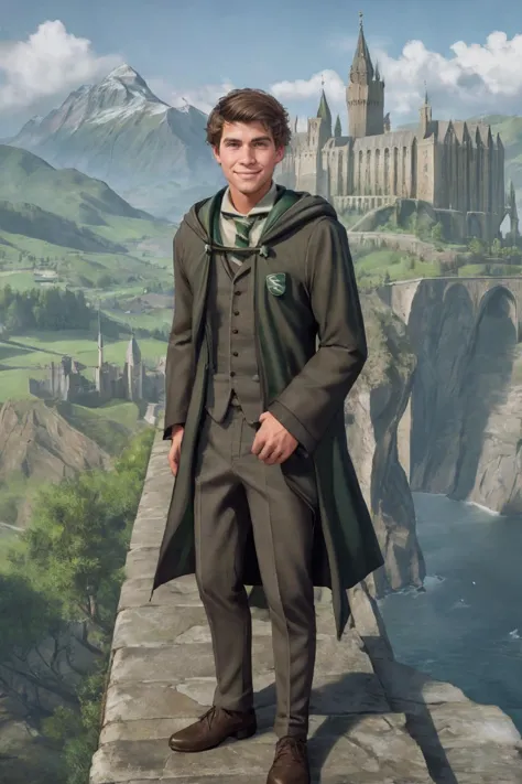 corpo todo, ventoso, 1 menino, 18 anos de idade, bonito, roupão de casa, Olhando para o visualizador, sebsallow, sorriso pretensioso, terno, Fundo do castelo de hogwarts, mágico, Energia da Sonserina