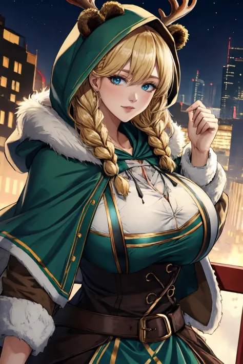 reindeer costume, hood up huge breasts, gigantic breasts, blonde hair, medium hair, blue eyes, bear ears, side braids,