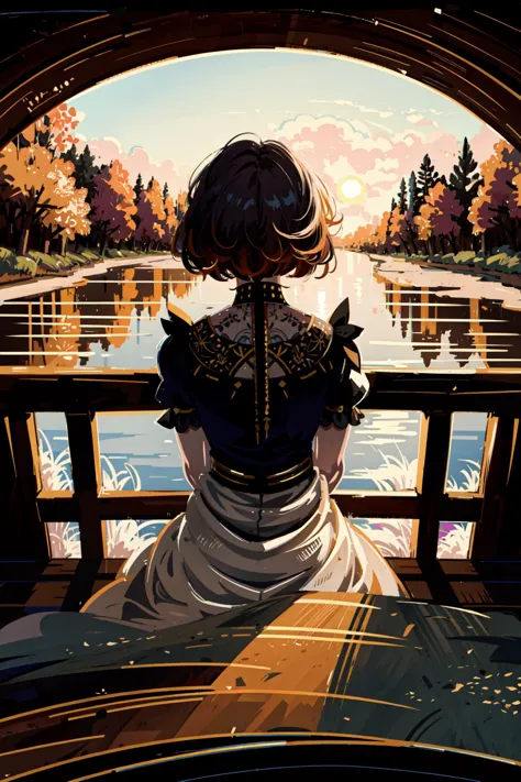 anime girl looking out a window at a lake and trees