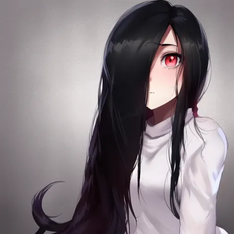 anime girl with long black hair and red eyes