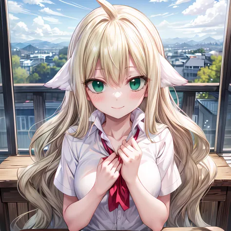 (((masterpiece))),highres,absurdres,(((best quality))),official art,<lora:add_detail:1>,perfect lighting,pov,looking at viewer,outdoors,classroom,1girl,kind_smile,blush,hand over own chest,<lora:mavis-lora-nochekaiser:1>,mavis,long hair,blonde hair,(green eyes:1.5),ahoge,wavy hair,animal ears,school uniform,