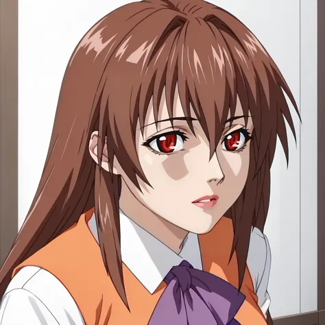 anime girl with long brown hair and red eyes wearing a vest