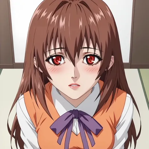 <lora:RenaAsaokaXLpony005>,
looking up,half-closed eye,parted lips,looking at viewer,blush,
solo,
RenaAsaoka,1girl,brown hair,long hair,hair between eyes,red eyes,
medium breasts,
white shirt,long_sleeves,purple ribbontie,orange vest,