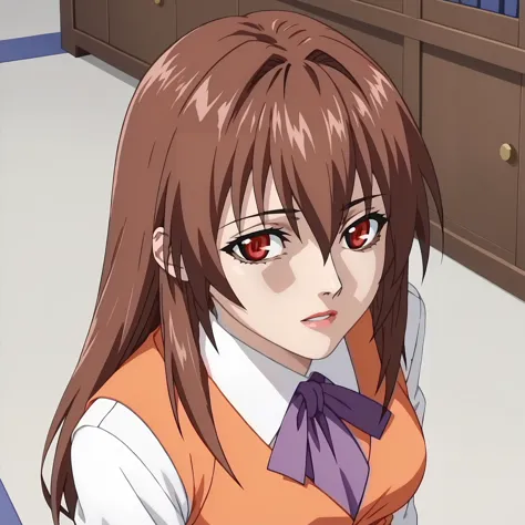 anime image of a woman with long brown hair and red eyes