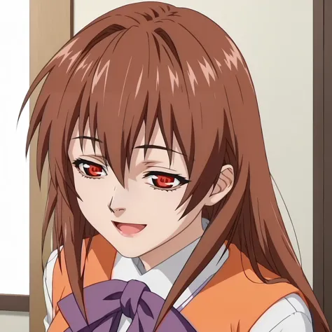 anime girl with long brown hair and red eyes in a school uniform