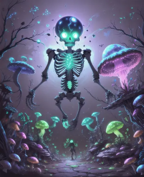 ShroomPunkAI, bioluminescence, skeleton, messy environment