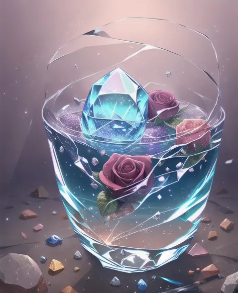 flowers roses, stones transparent and diamond crystal in water