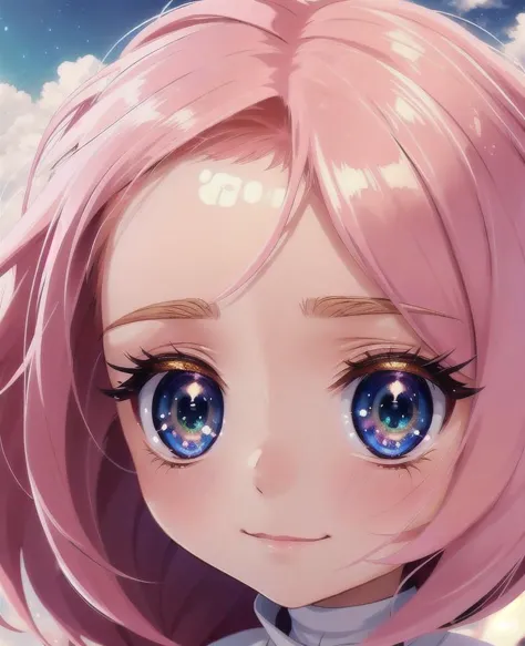 anime girl with pink hair and blue eyes looking at the camera