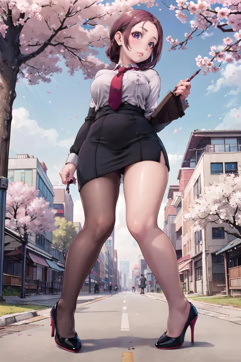 masterpiece, best quality,4girl,young girl, dark_violet eyes, chocolate, buzz cut,embarrassed _face,shiny skin,large breasts,nice leg line:1.3,thick thighs, thin waist,school uniform, thighhighs,necktie,((pencil skirt)),red color high heels,   pantyhose, , Tower_with_a_bright_light_used_for_navigation,,looking at viewer,from below,full body,  <lora:nudestocking:0.7>,legsupsexms