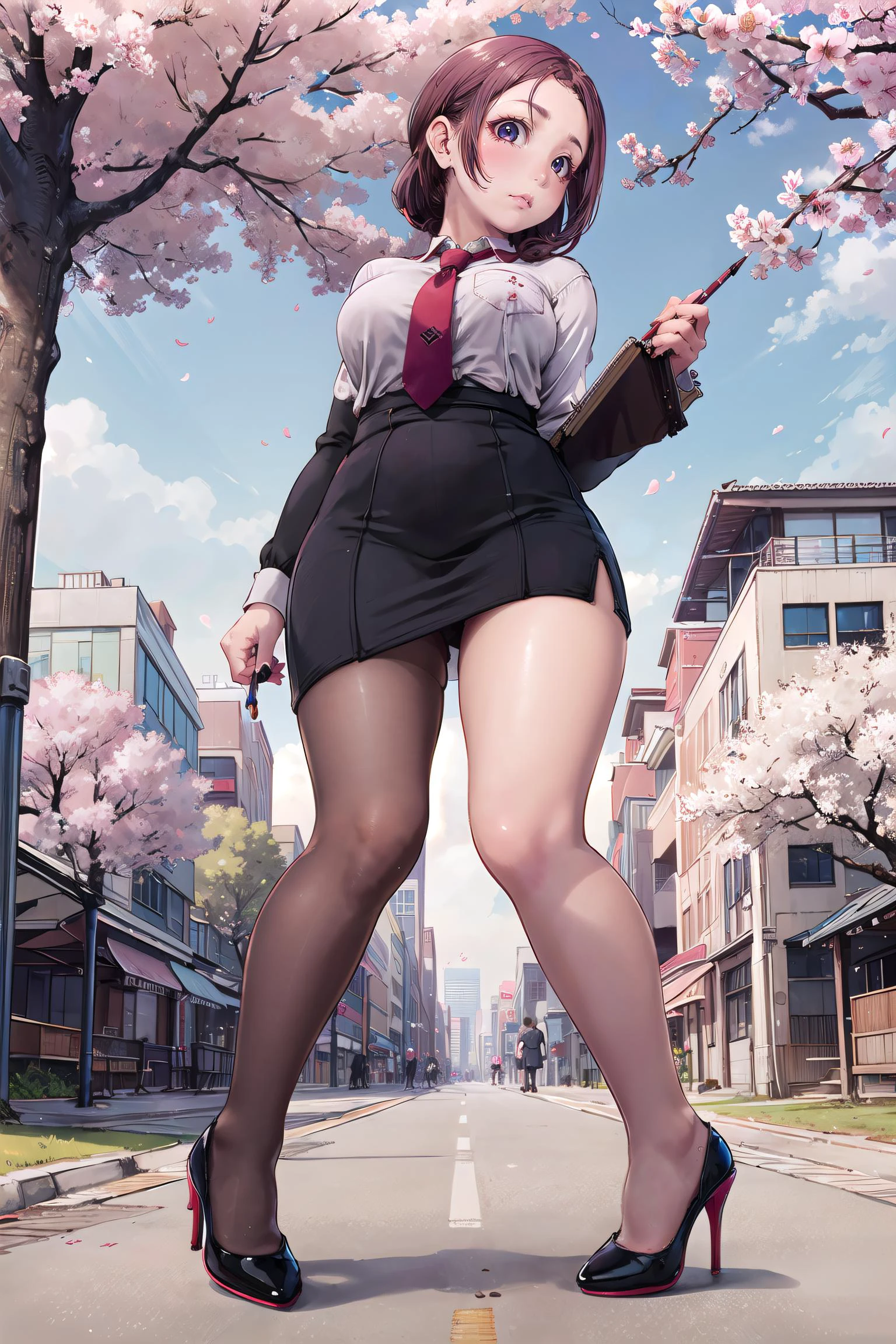 masterpiece, best quality,4girl,young girl, dark_violet eyes, chocolate, buzz cut,embarrassed _face,shiny skin,large breasts,nice leg line:1.3,thick thighs, thin waist,, thighhighs,necktie,((pencil skirt)),red color high heels,   pantyhose, , Tower_with_a_bright_light_used_for_navigation,,looking at viewer,from below,full body,  legsupsexms