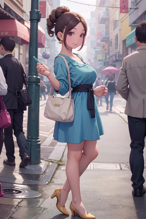 masterpiece, best quality,1girl,young girl,brown eyes,drill hair,happy smile,shiny skin,(nice leg line:1.3),thin waist,huge breasts,
BREAK
, Light_blue_midi_dress, nude_pumps, gold_hoop_earrings, straw_tote_bag,
BREAK
around crowd:1.1,depth of field,looking at viewer,from side,full body