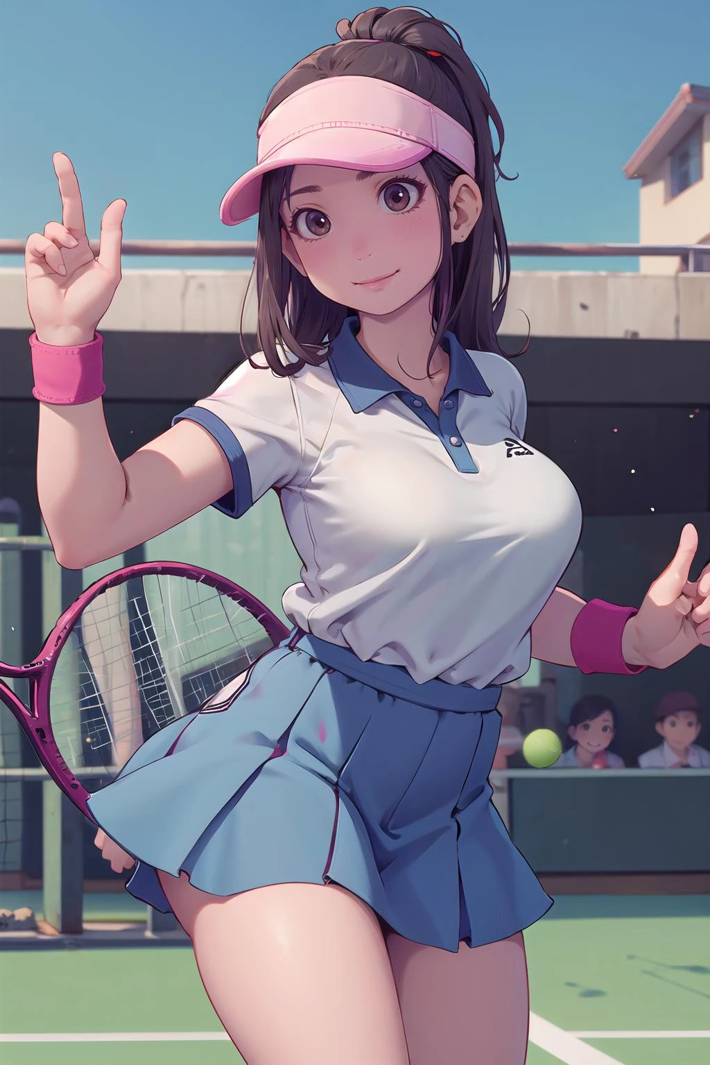 masterpiece, best quality,1girl,young girl,brown eyes,long hair,happy smile,shiny skin,(nice leg line:1.3),thin waist,huge breasts,
BREAK
Tennis dress, polo shirt, visor, tennis shoes, and wristband
BREAK
around crowd:1.1,depth of field,looking at viewer,from below,upper body