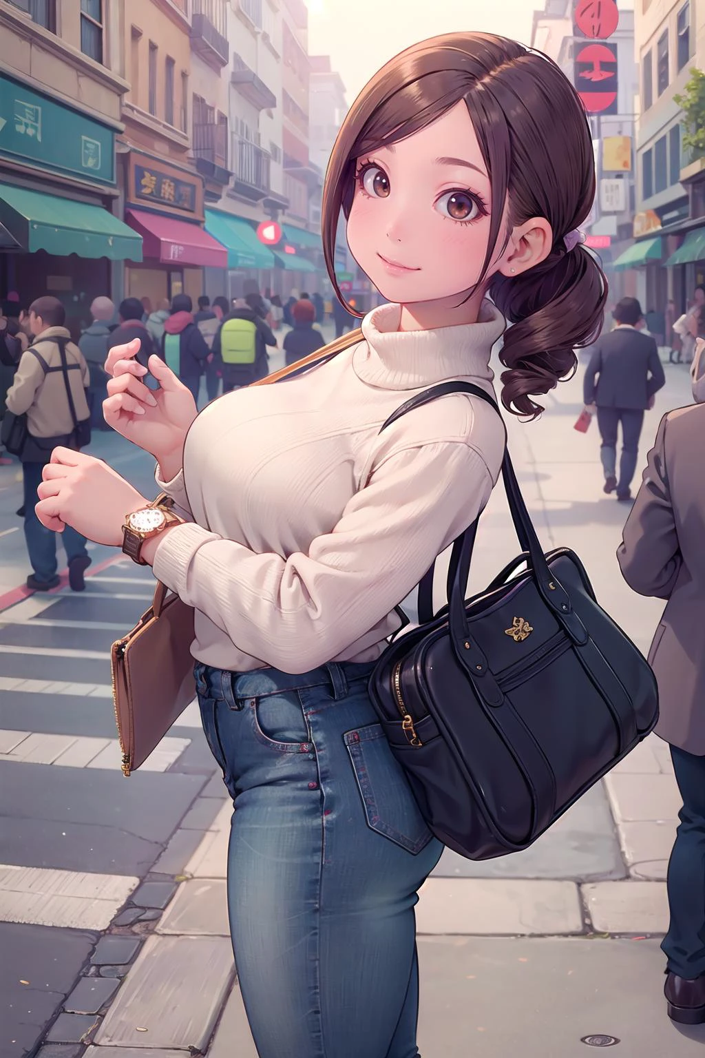 masterpiece, best quality,1girl,young girl,brown eyes,drill hair,happy smile,shiny skin,(nice leg line:1.3),thin waist,huge breasts,
BREAK
, Brown_tweed_blazer, white_turtleneck_sweater, black_skinny_jeans, brown_loafers, gold_watch, brown_leather_tote_bag,
BREAK
around crowd:1.1,depth of field,looking at viewer,from side,upper body