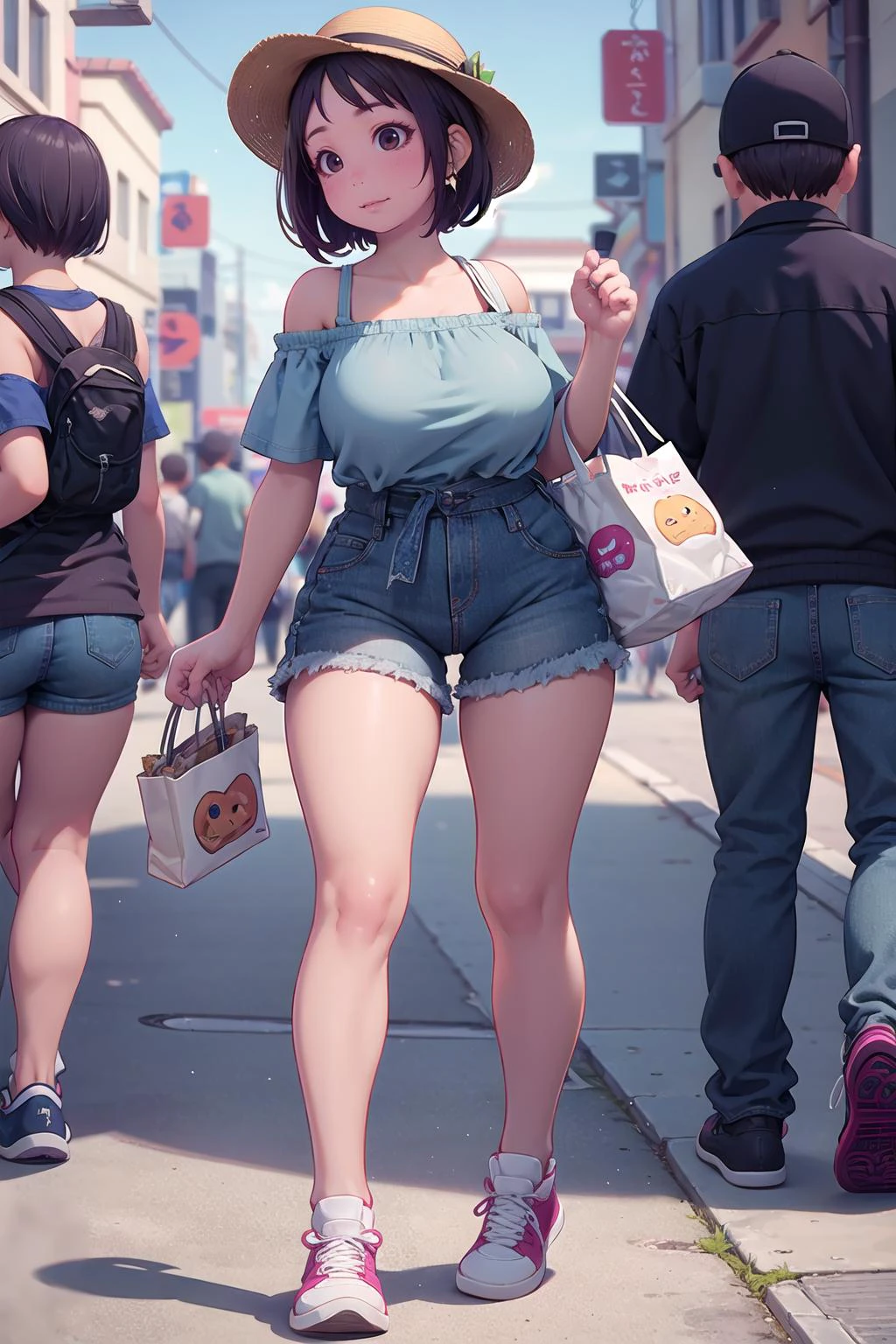 masterpiece, best quality,1girl,young girl,brown eyes,short hair,mesugaki smile,shiny skin,(nice leg line:1.3),thin waist,huge breasts,
BREAK
, Off-the-shoulder_denim_romper, white_sneakers, straw_fedora_hat, woven_tote_bag,
BREAK
around crowd:1.1,depth of field,looking at viewer,from below,full body