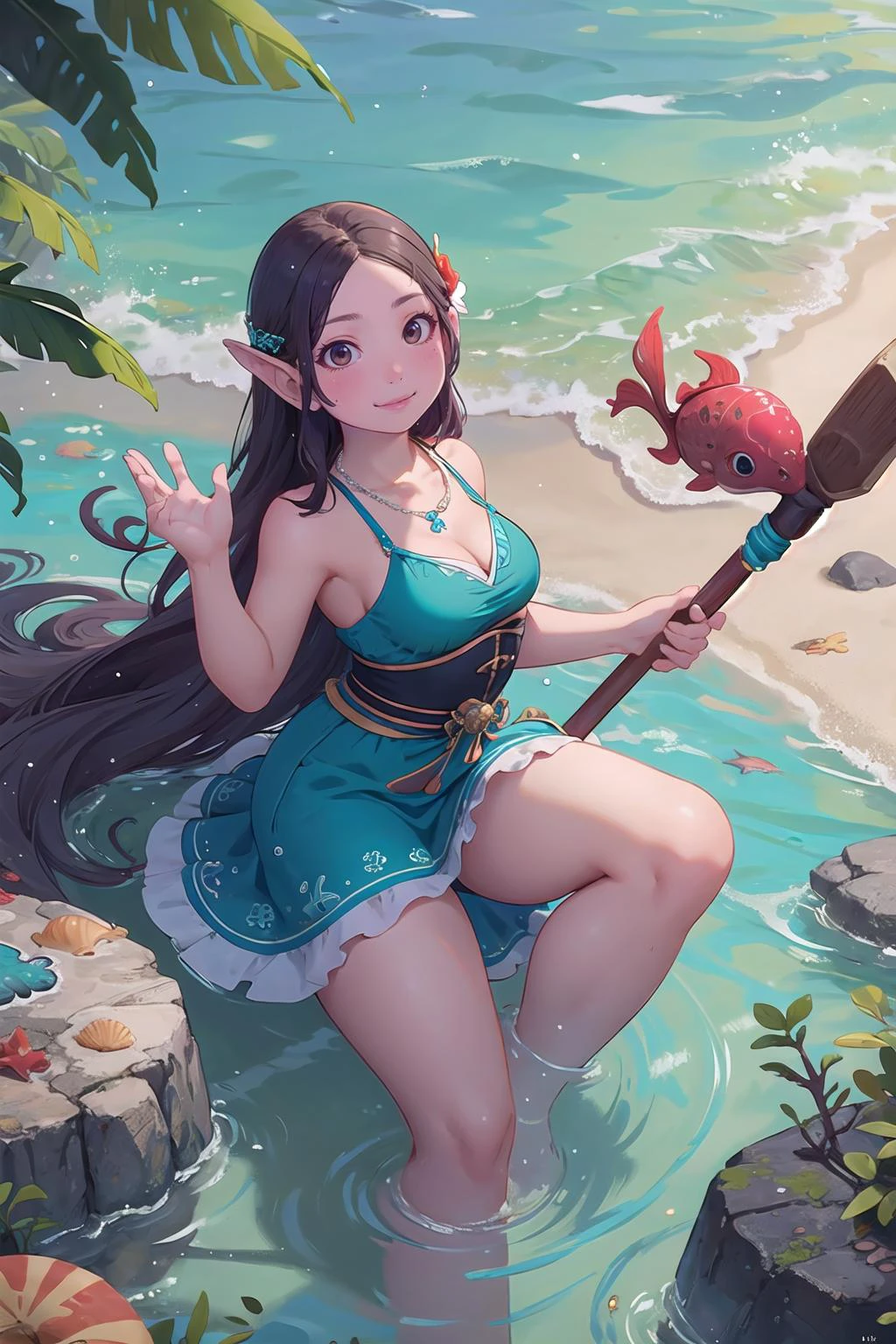 masterpiece, best quality,1girl,young girl,brown eyes,long hair,evil smile,shiny skin,(nice leg line:1.3),thin waist,huge breasts,
BREAK
Water nymph, seashell necklace with a lustrous pearl, seaweed dress with a flowing hem, seahorse mount with a decorated saddle, ocean current map with a secret shortcut, coral reef with a hidden treasure
BREAK
around crowd:1.1,depth of field,looking at viewer,from above,upper body